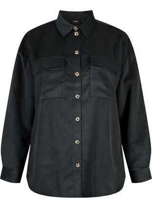 Langermet skjorte i fløyel med brystlommer, Black, Packshot image number 0