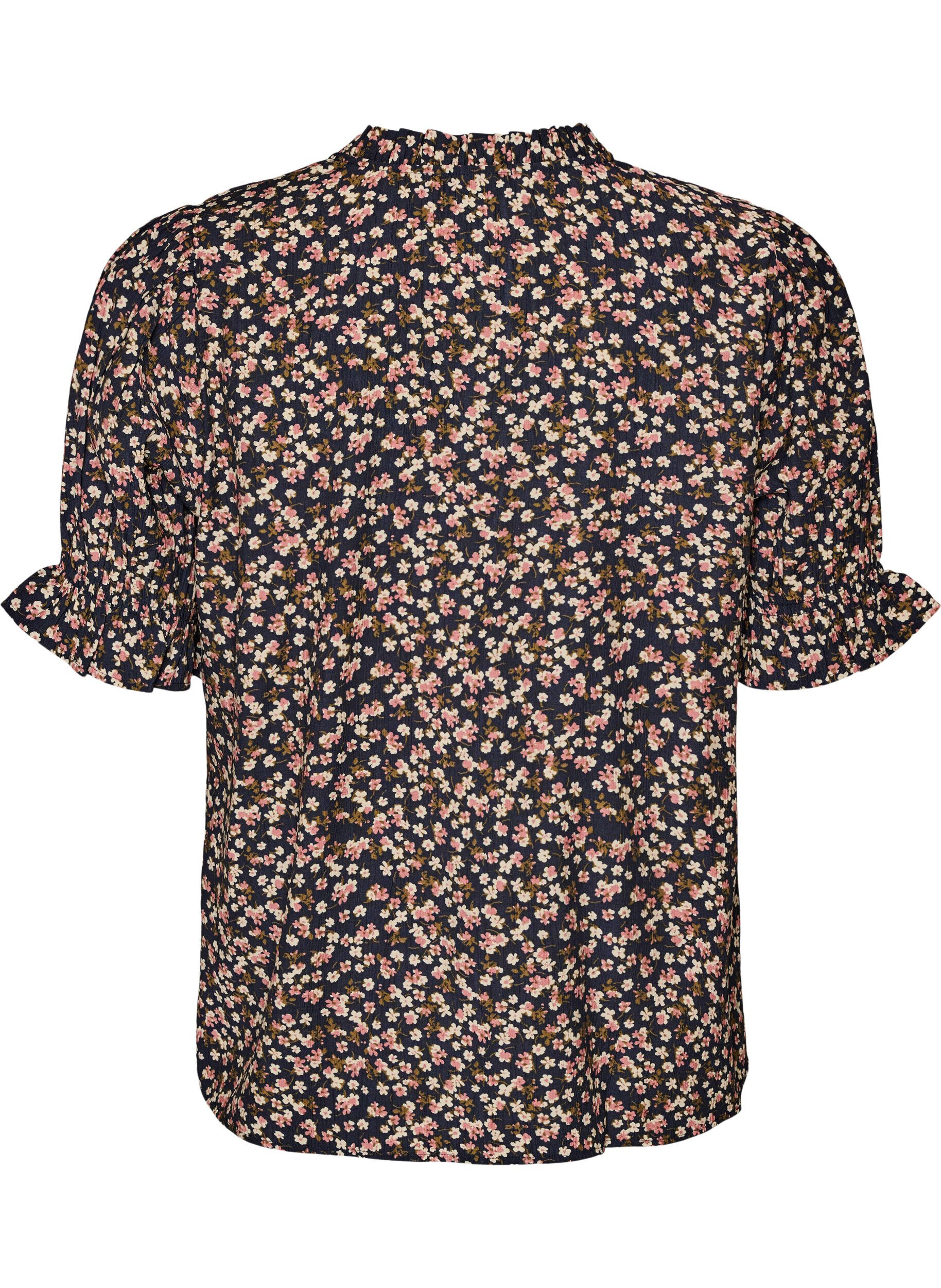 ZizziBluse i blomstrete viskose med korte ermer og smokkdetaljer, Bl&aring;, Packshot image number 1