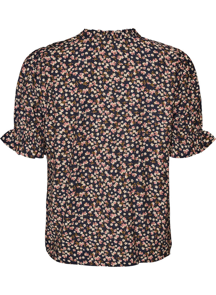 Bluse i blomstrete viskose med korte ermer og smokkdetaljer, Bl&aring;, Packshot image number 1