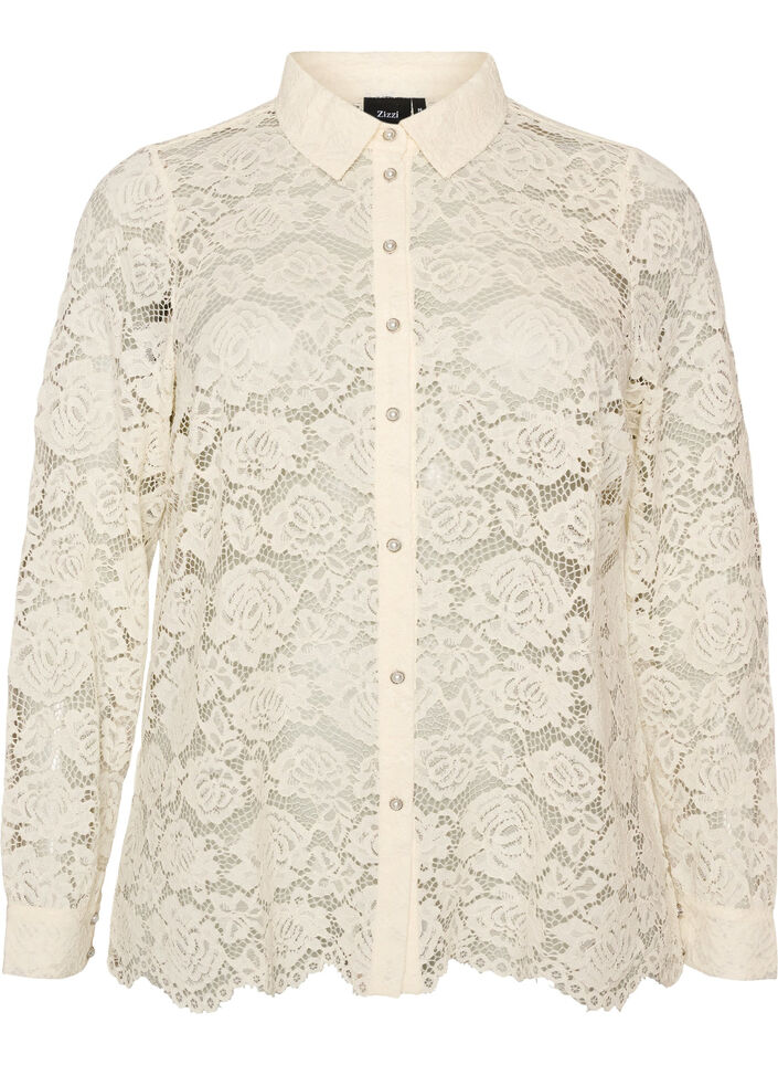 Skjorte i blonder med perleknapper, Vanilje, Packshot image number 0