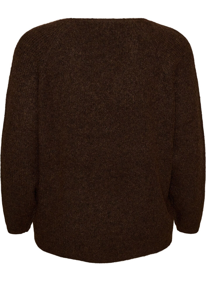 Strikkebluse med V-hals og raglanermer, Brun, Packshot image number 1