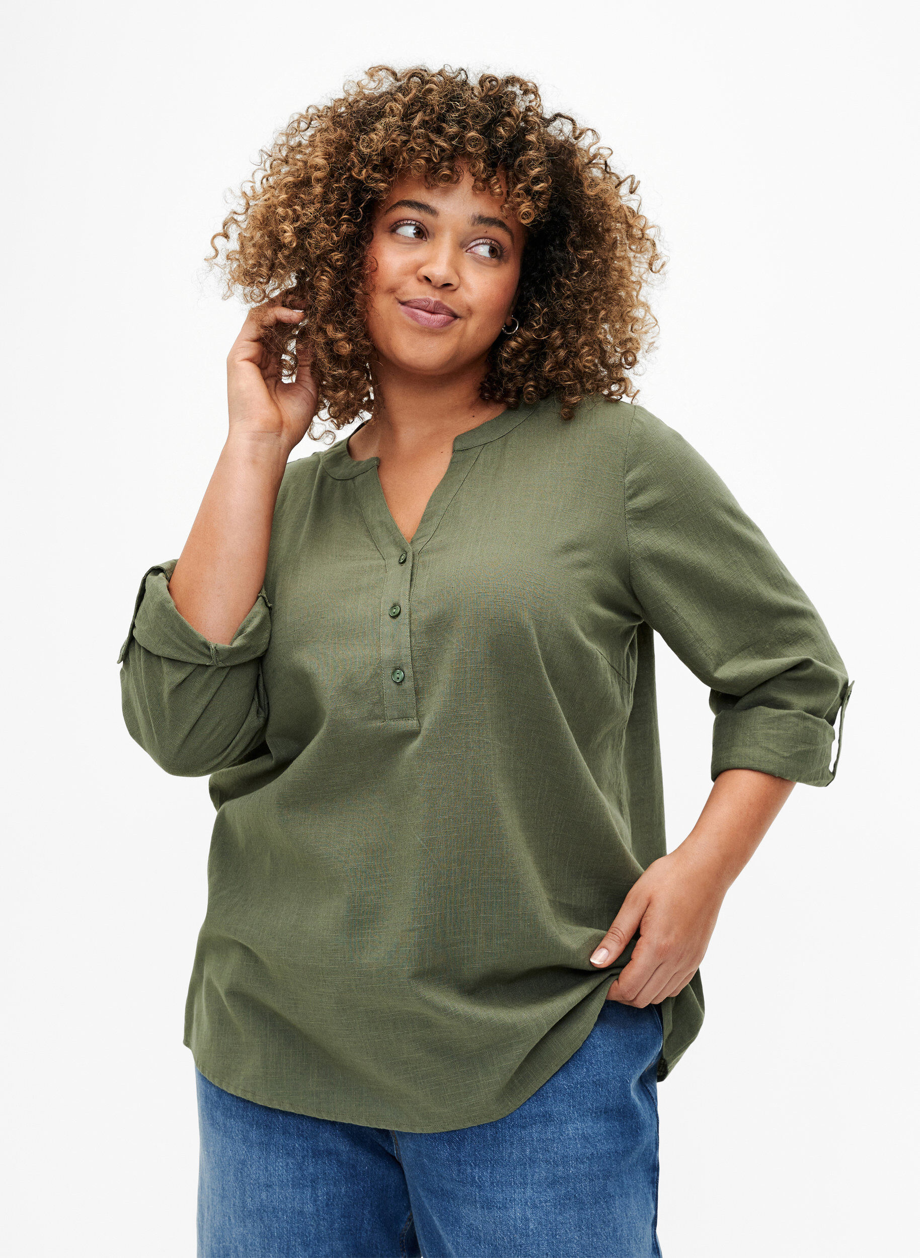 Zizzi Bomullsbluse med V-hals, Thyme, Model image number 0