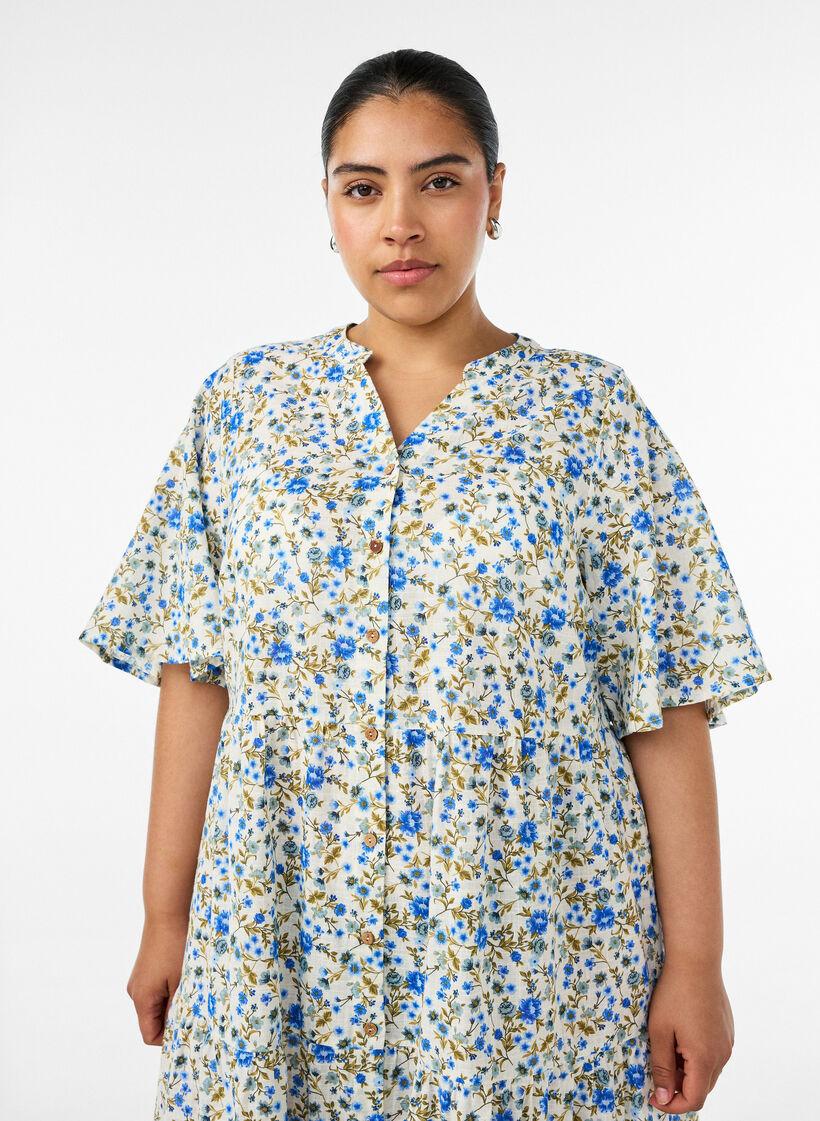 Bomullsmidikjole med blomsterprint, Bl&aring;, Model image number 2