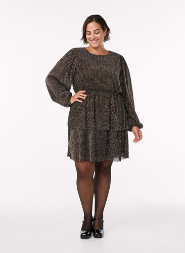 Zizzi Kort kjole med glitterstriper og lange ermer, Svart, Model image number 1