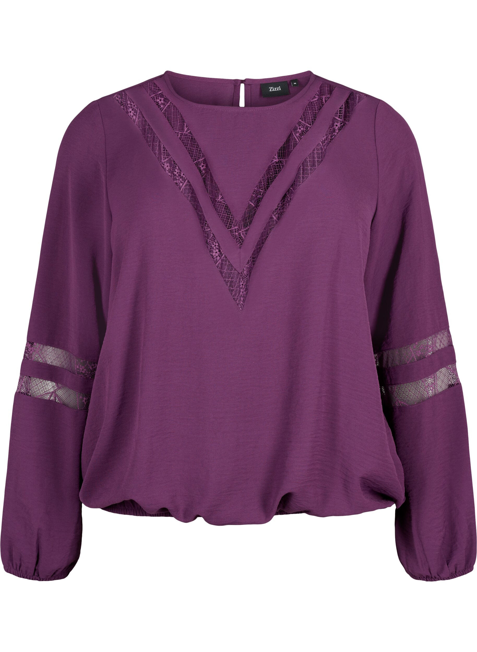 Zizzi Bluse med lange ermer og blonder, Deep Purple, Packshot image number 0