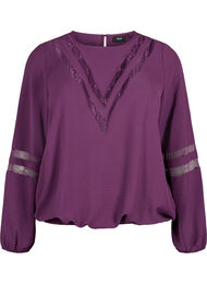 Bluse med lange ermer og blonder, Deep Purple