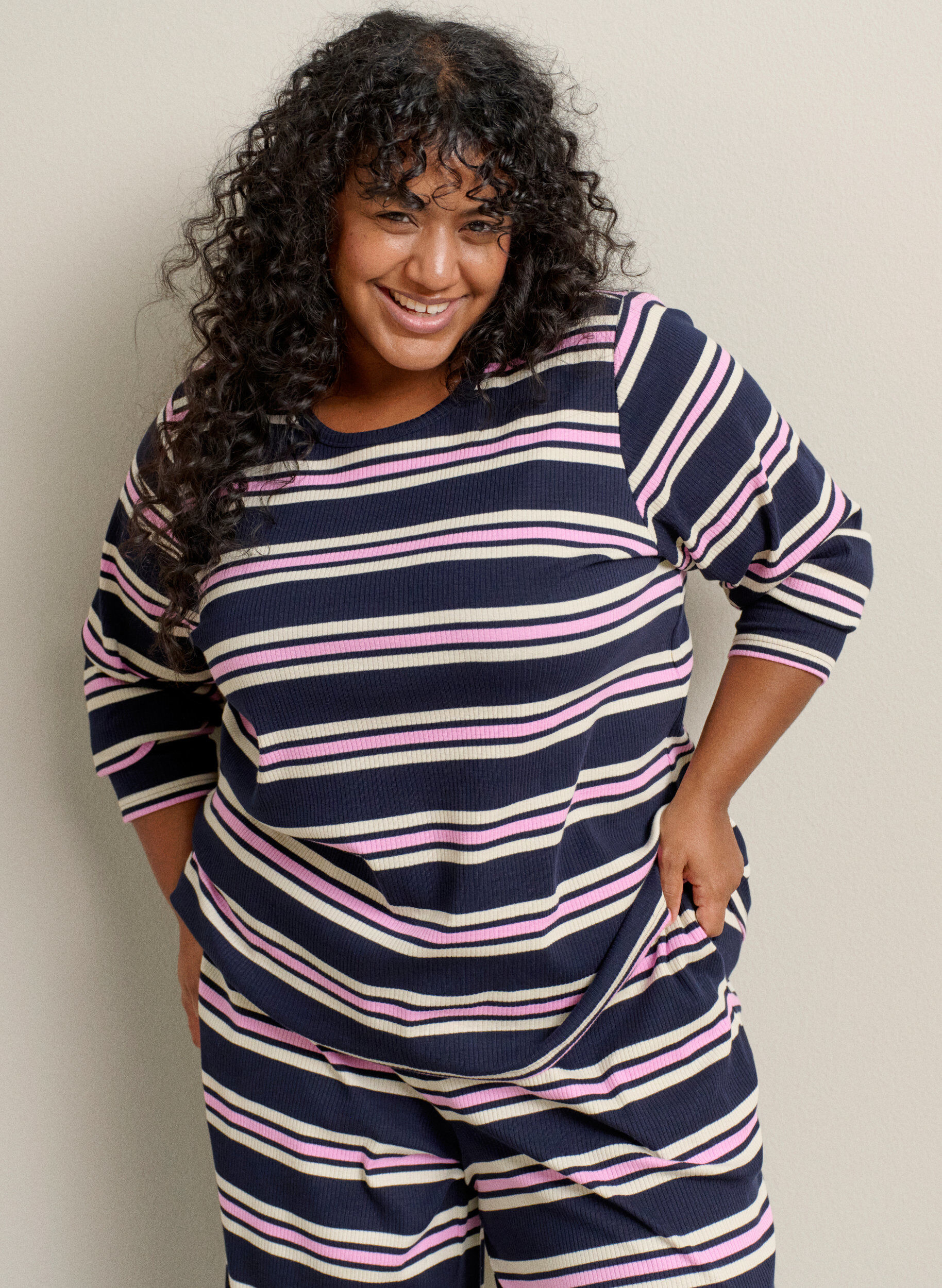 Zizzi Stripete pyjamabukser med vide ben, Bl&aring;, Image image number 0