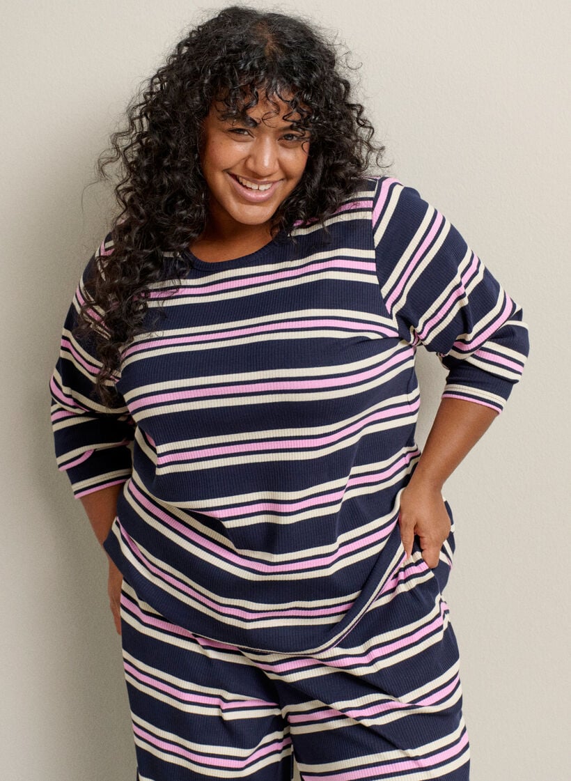 Stripete pyjamabukser med vide ben, Bl&aring;, Image