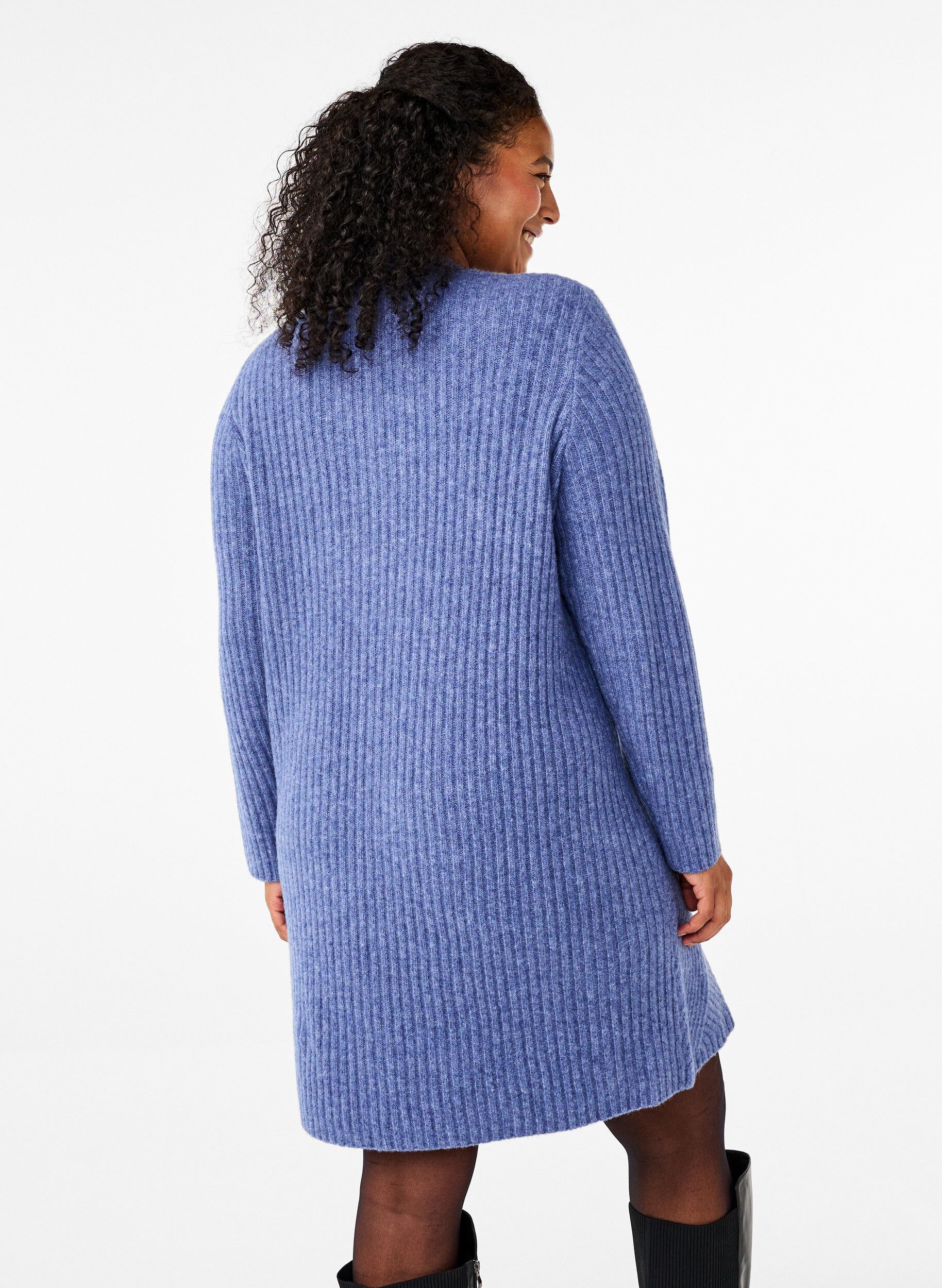 Zizzi Kort ribbestrikket kjole med rund hals, Grey Blue Mel., Model image number 1