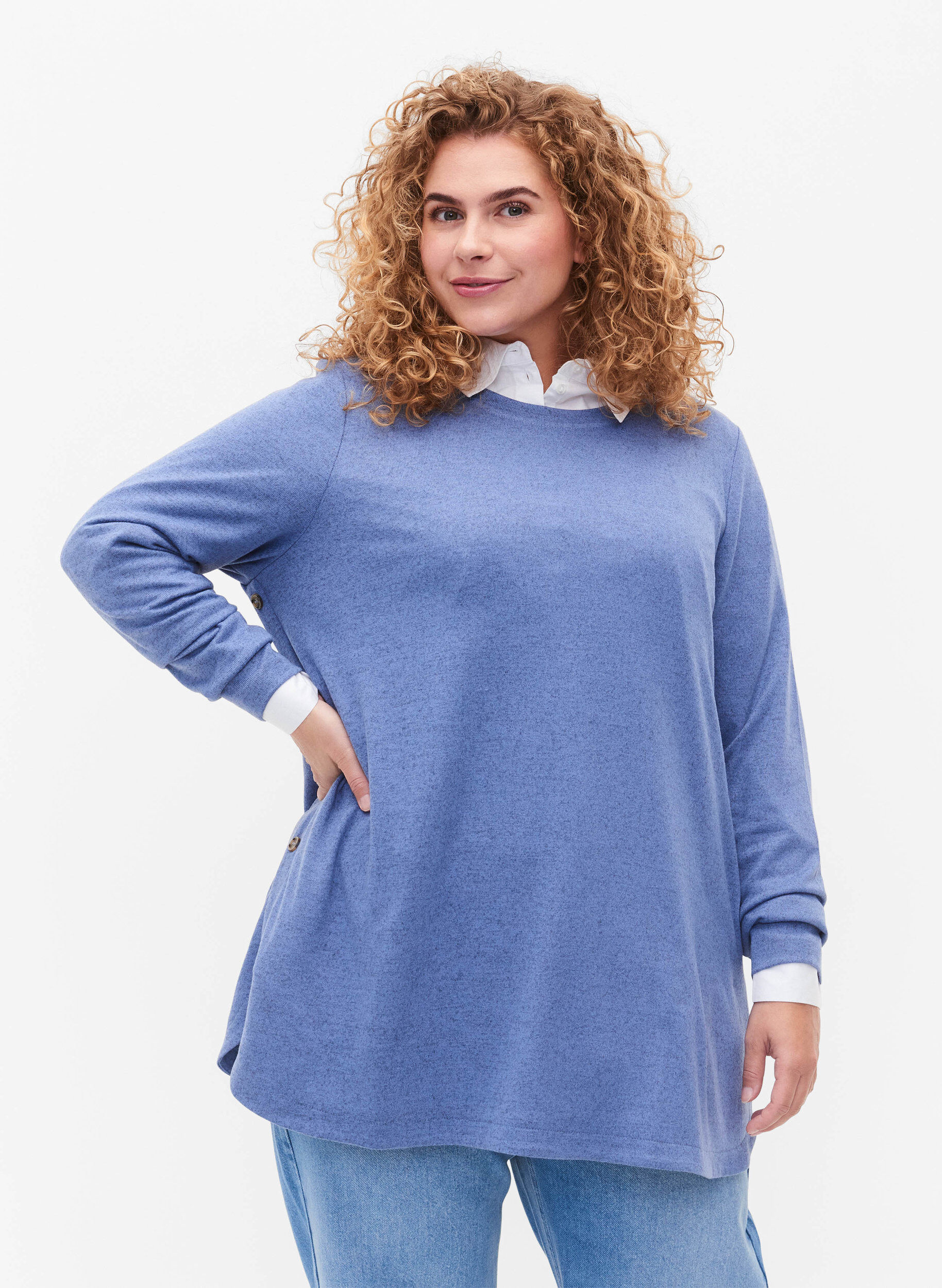 Zizzi Melert bluse med knapper, Colony Blue Melange, Model image number 0