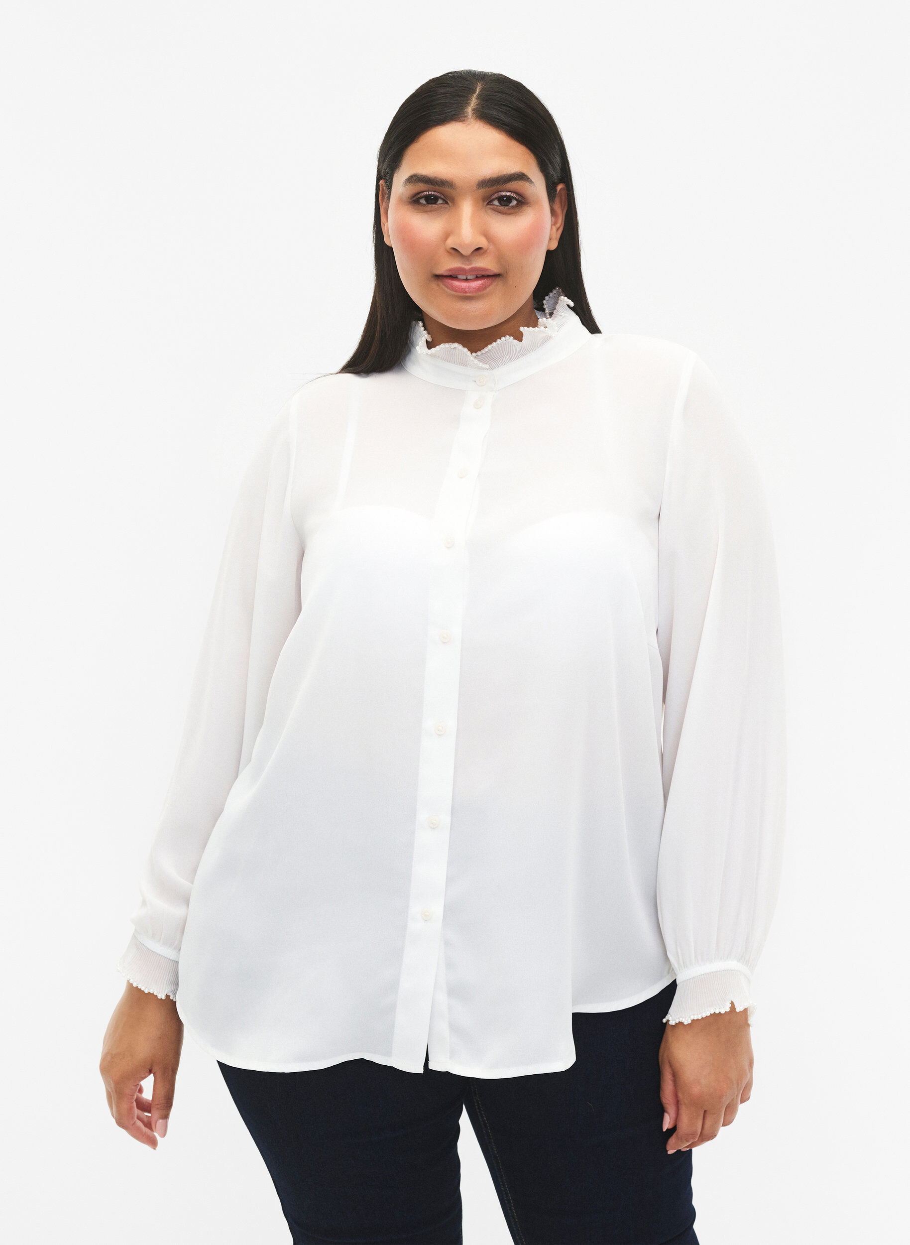 Zizzi Skjortebluse med volangdetaljer, Bright White, Model image number 0