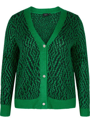 Mønstrete strikket cardigan med knapper, Jolly Green Comb, Packshot image number 0
