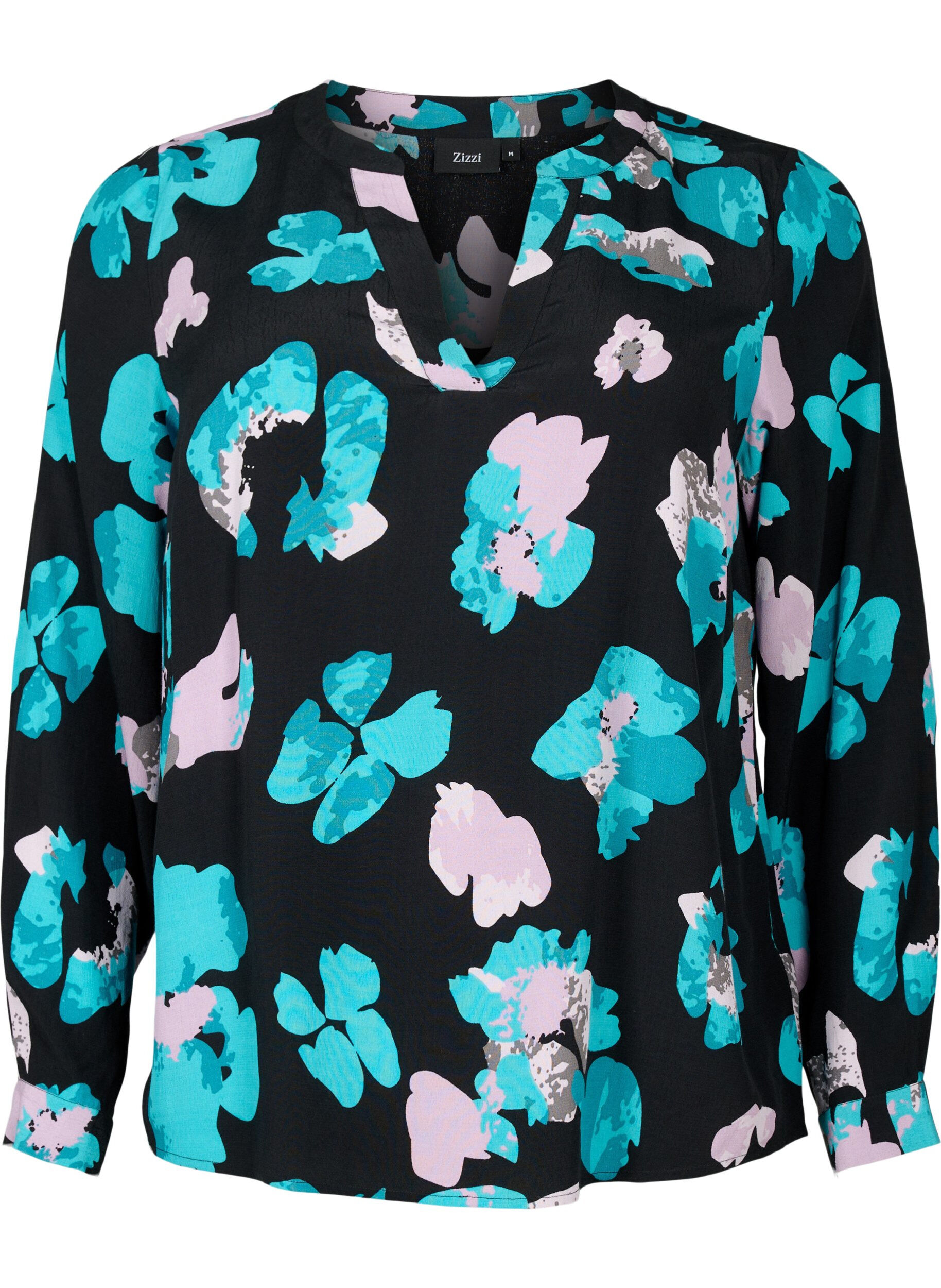 Zizzi Langermet viskosebluse med print, Blue AOP, Packshot image number 0