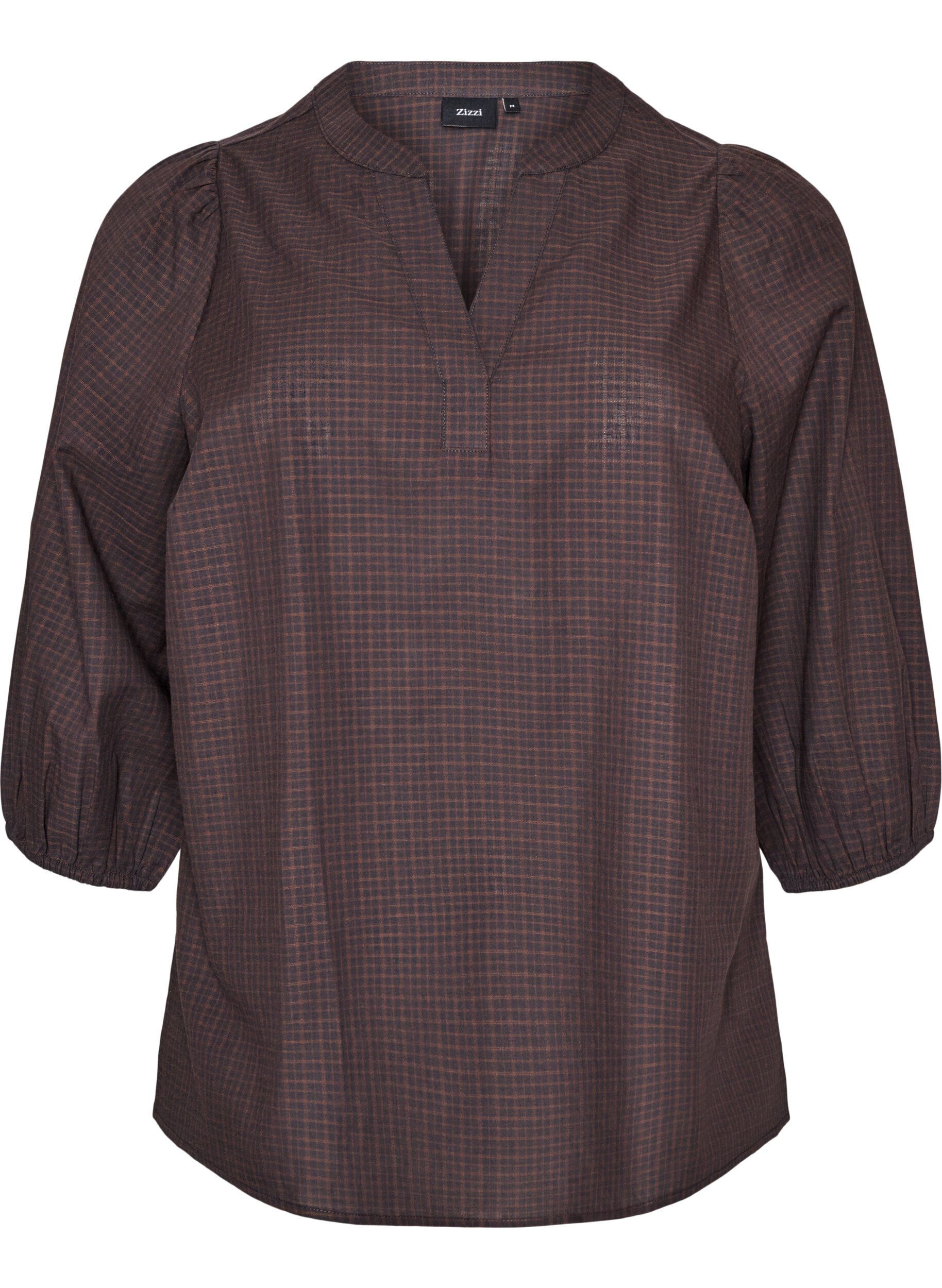 ZizziRutete bluse med V-hals og 3/4-ermer, Brun, Packshot image number 0