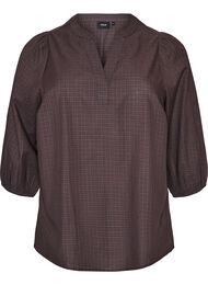 Rutete bluse med V-hals og 3/4-ermer, Brun