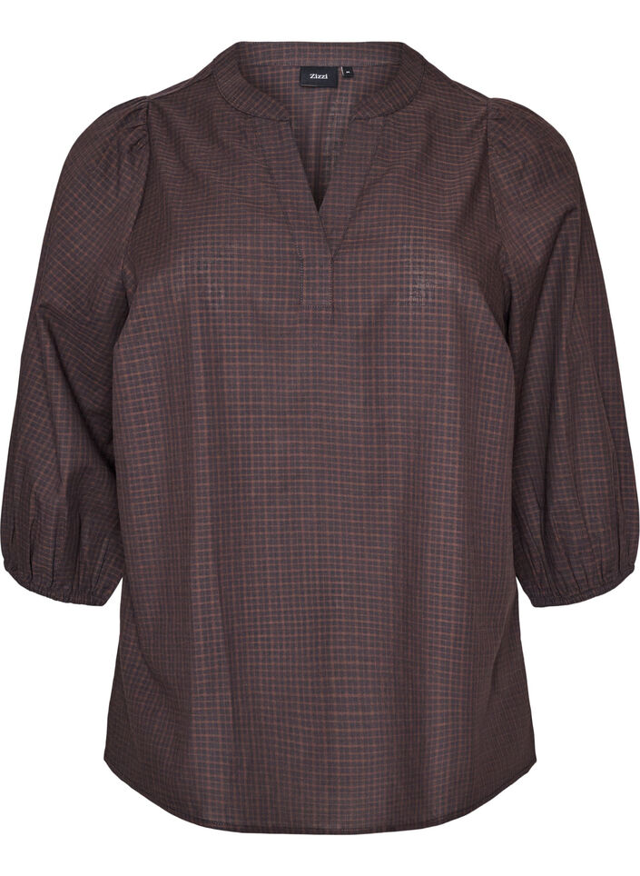 Rutete bluse med V-hals og 3/4-ermer, Brun, Packshot image number 0