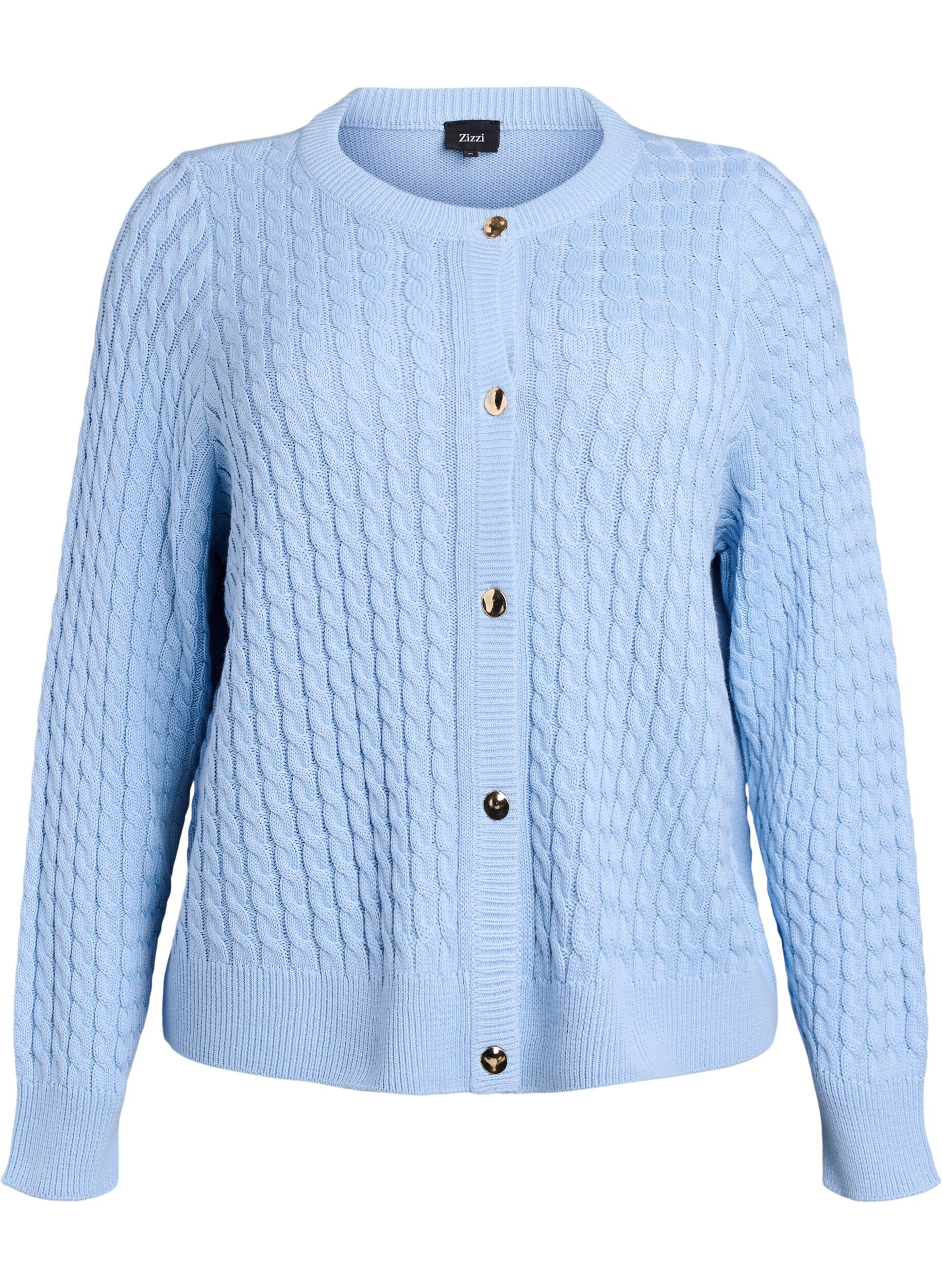 Flettestrikket cardigan med gullfargede knapper