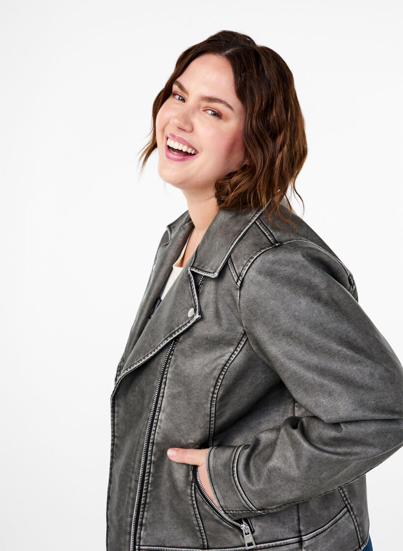 Jakke i kunstskinn med slitt look, Dark Grey Wash, Model image number 2