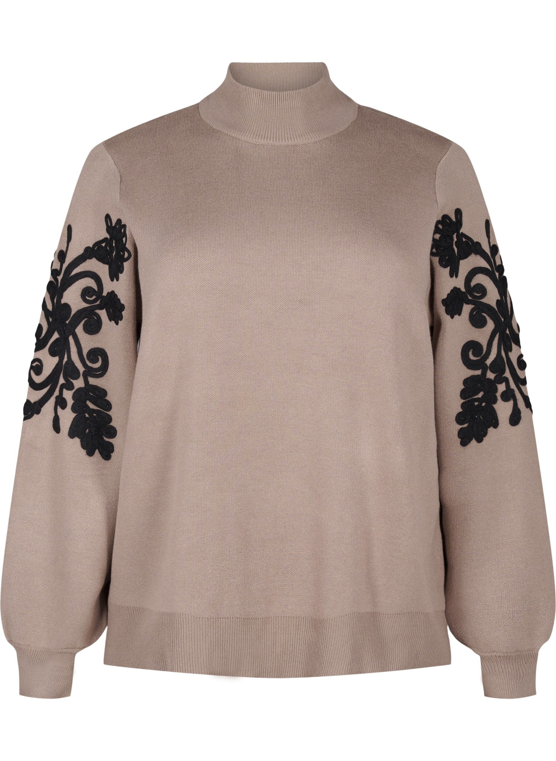 Zizzi Strikket bluse med broderier, Desert Taupe Comb, Packshot image number 0