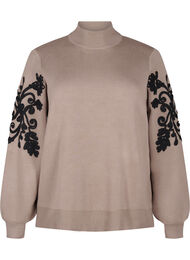 Strikket bluse med broderier, Desert Taupe Comb