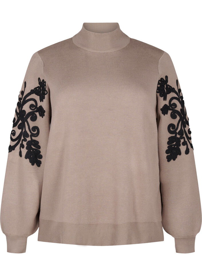 Strikket bluse med broderier, Desert Taupe Comb, Packshot image number 0