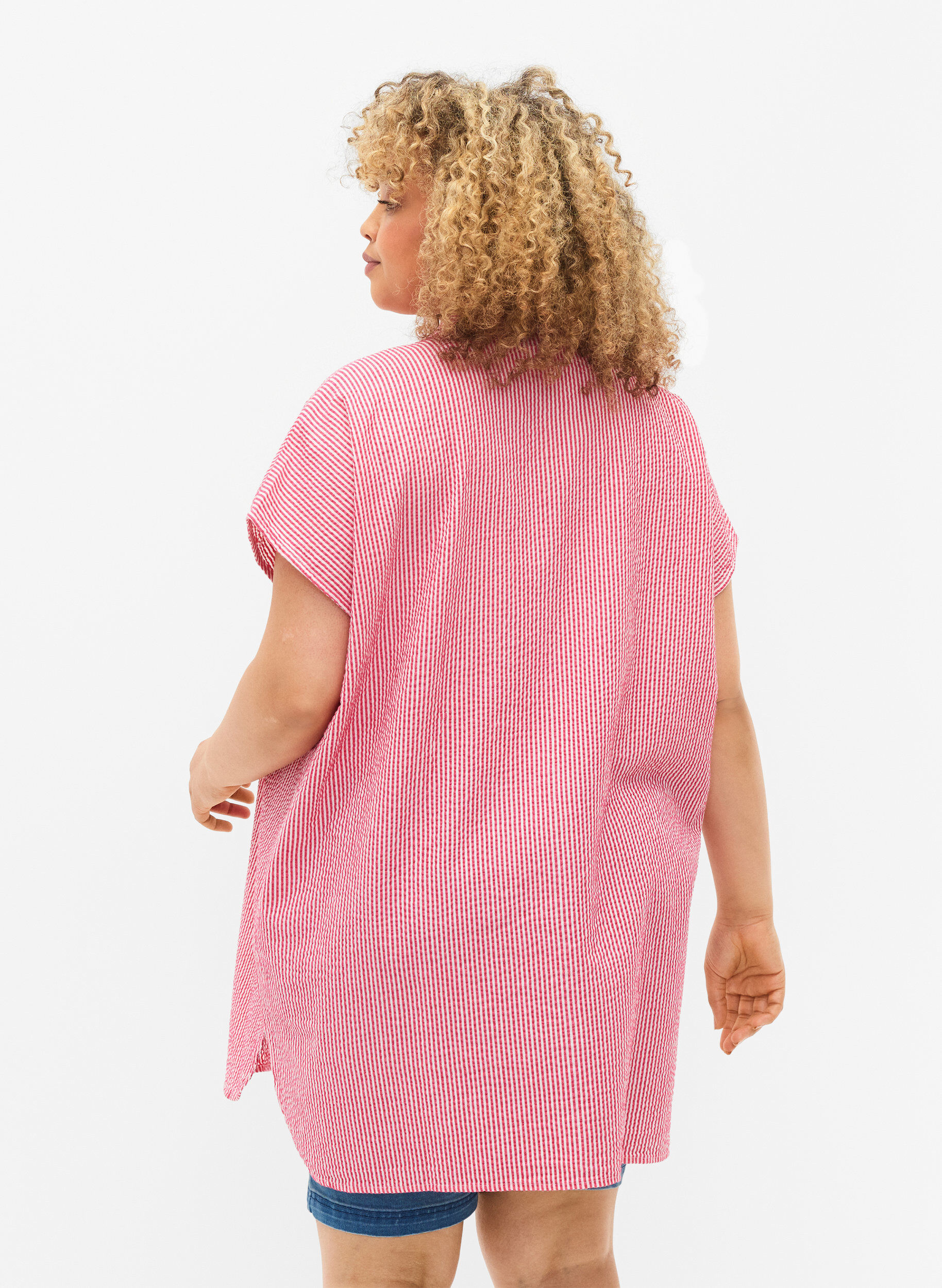 ZizziKortermet bomullskjorte med striper, Beetroot P. Stripe, Model image number 1