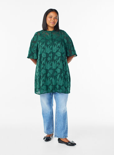 Zizzi Kort A-formet kjole med blomstertrykk, Grønn, Model image number 1