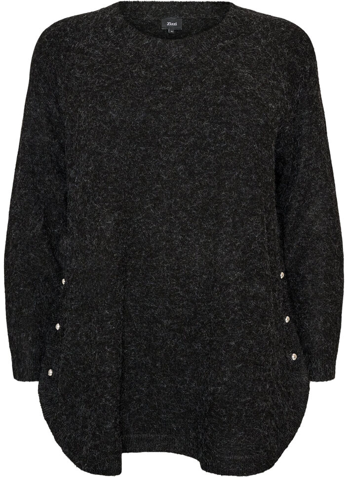 Lang strikkebluse med kuleknapper, Gr&aring;, Packshot image number 0