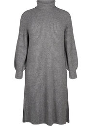 Lang strikket kjole med høy hals, Medium Grey Mel.