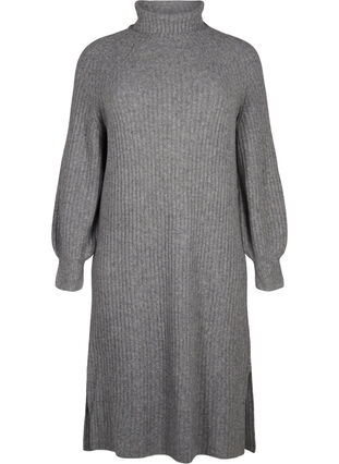 Zizzi Lang strikket kjole med høy hals, Medium Grey Mel., Packshot image number 0