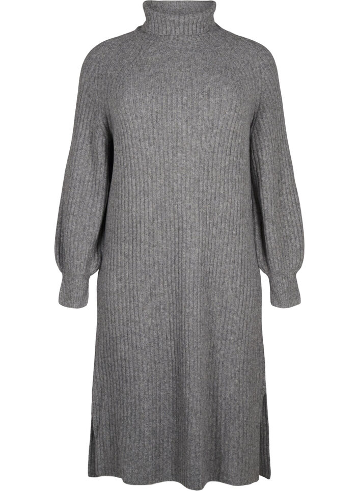 Lang strikket kjole med høy hals, Medium Grey Mel., Packshot image number 0