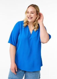Kortermet bluse med V-hals, Blå Kortermet bluse med V-hals, Blå, Model