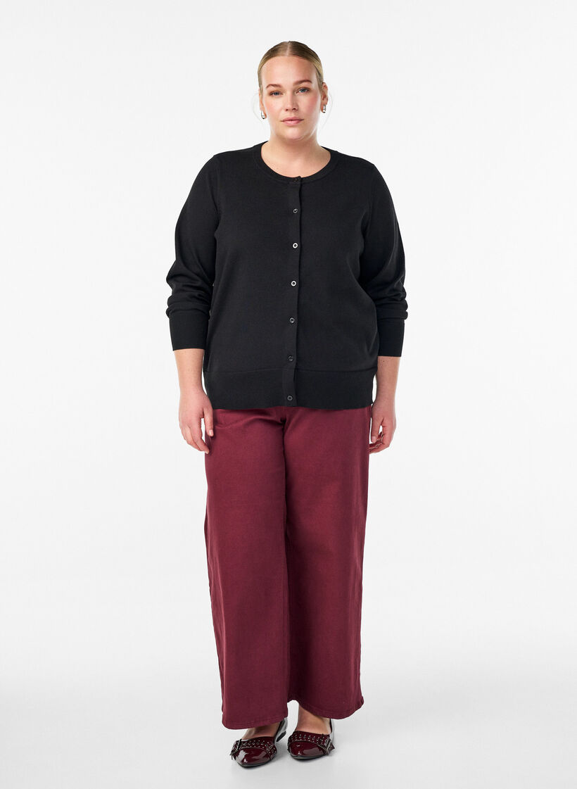 Finstrikket cardigan med rund hals, Svart, Model image number 1