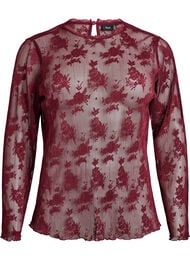 Langermet mesh bluse med blondermønster, Tawny Port