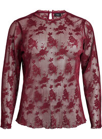 Langermet mesh bluse med blondermønster, Mørk Bordeaux Langermet mesh bluse med blondermønster