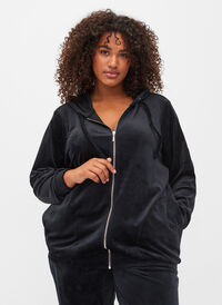 Velourcardigan med glidelås og hette, Black, Model