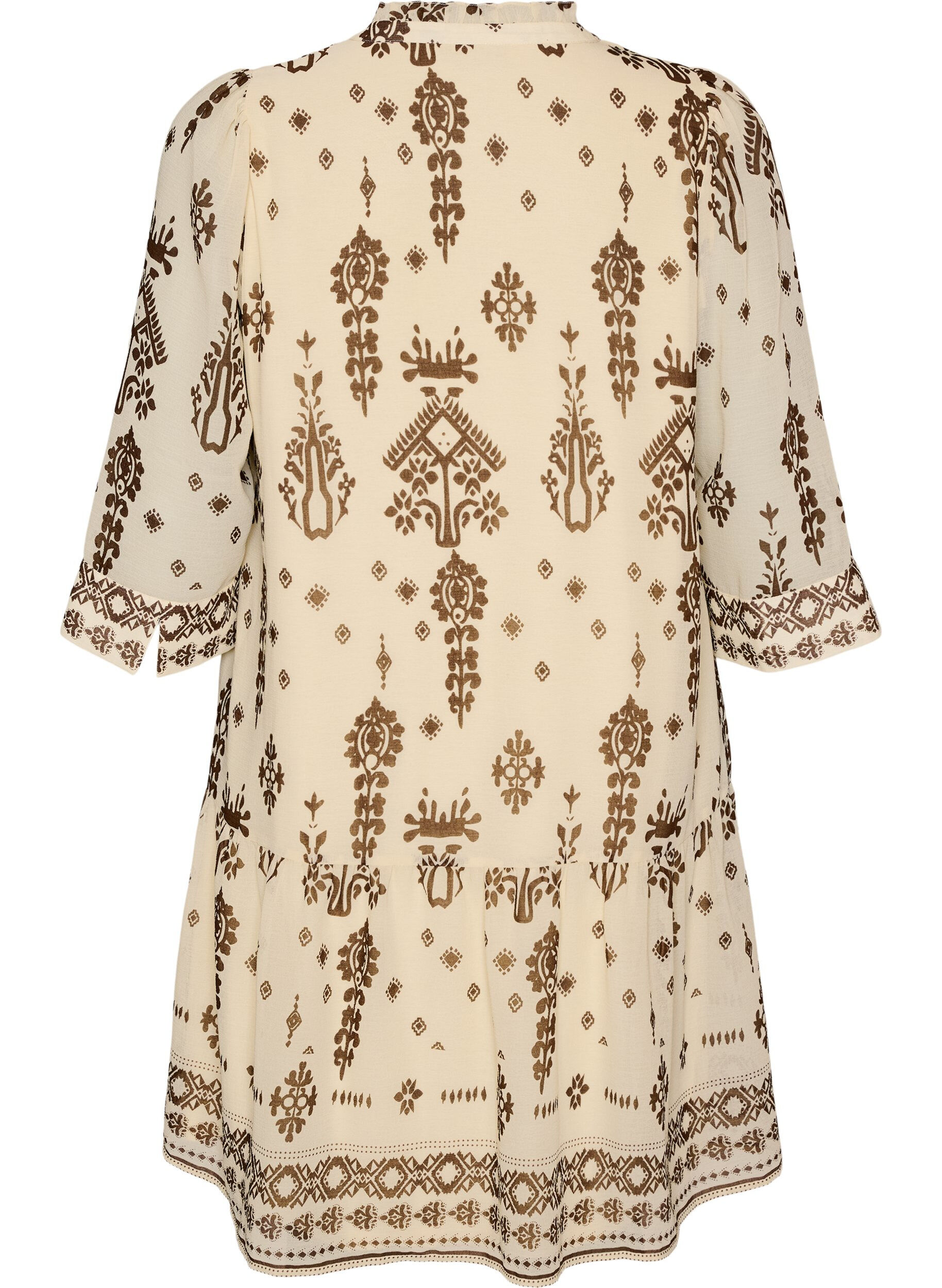 ZizziKjole med ornamentm&oslash;nster og krage med rysjer, Beige, Packshot image number 1