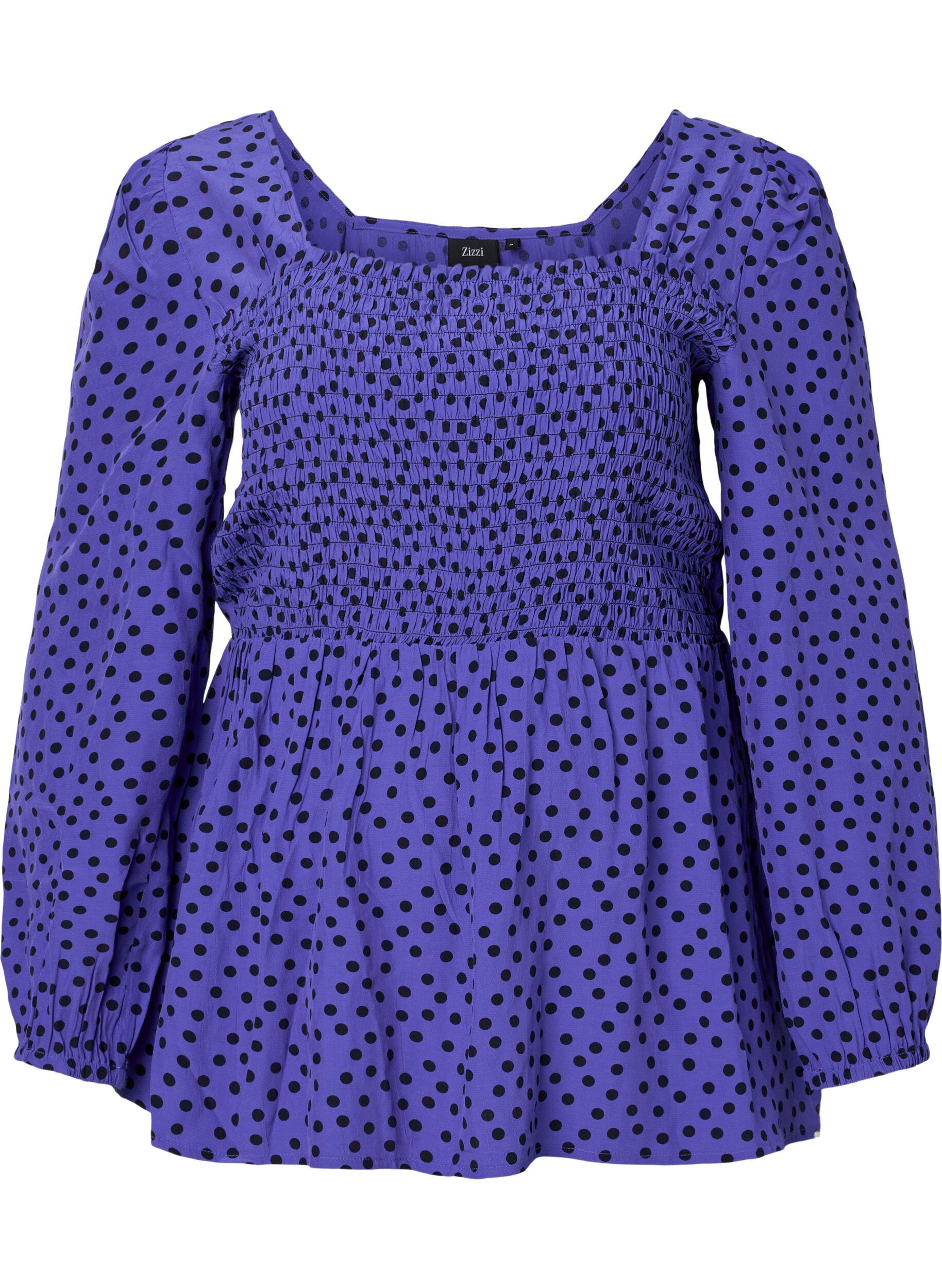 Zizzi Prikkete bluse i viskose med smock, R.Blue w. Black Dot, Packshot image number 0