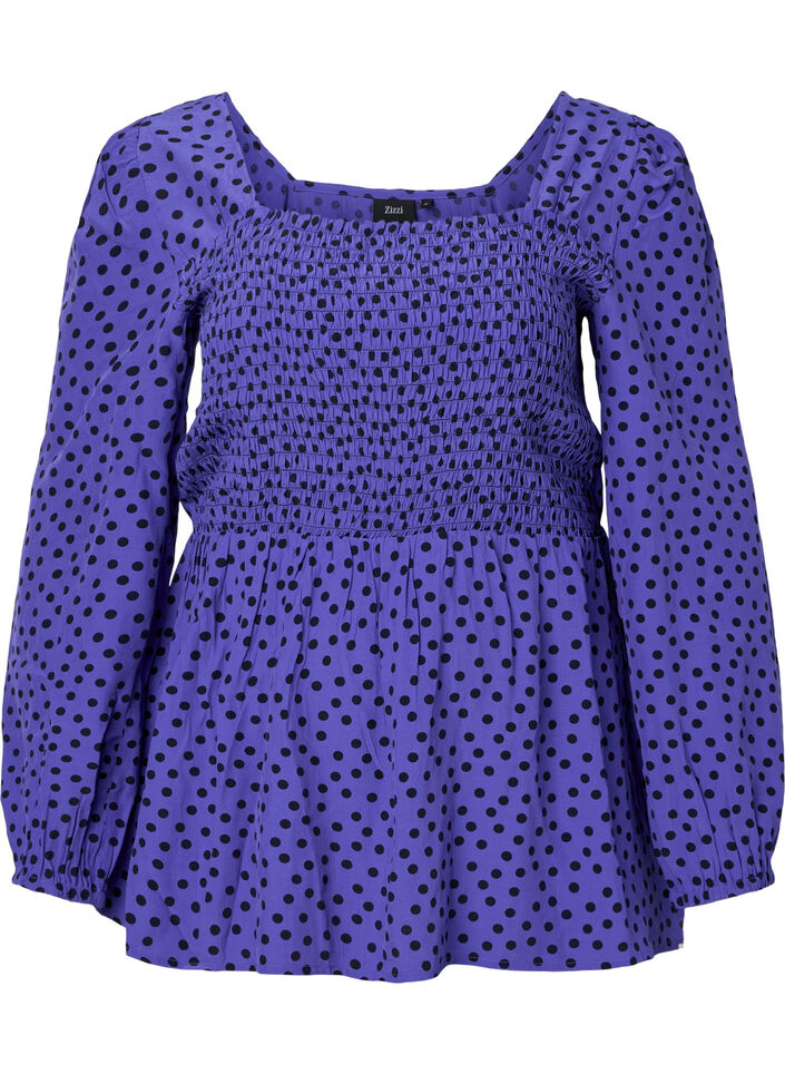 Prikkete bluse i viskose med smock, R.Blue w. Black Dot, Packshot image number 0