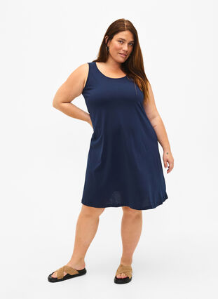 Ermeløs kjole i bomull med A-form, Navy Blazer solid, Model image number 2