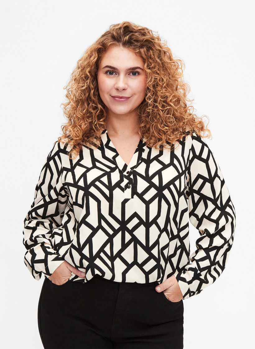 FLASH - bluse med lange ermer og trykk, Birch Black Graphic, Model image number 0
