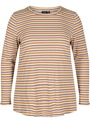 Stripete bluse med rund hals og lange ermer, Purple Camel Stripe, Packshot image number 0