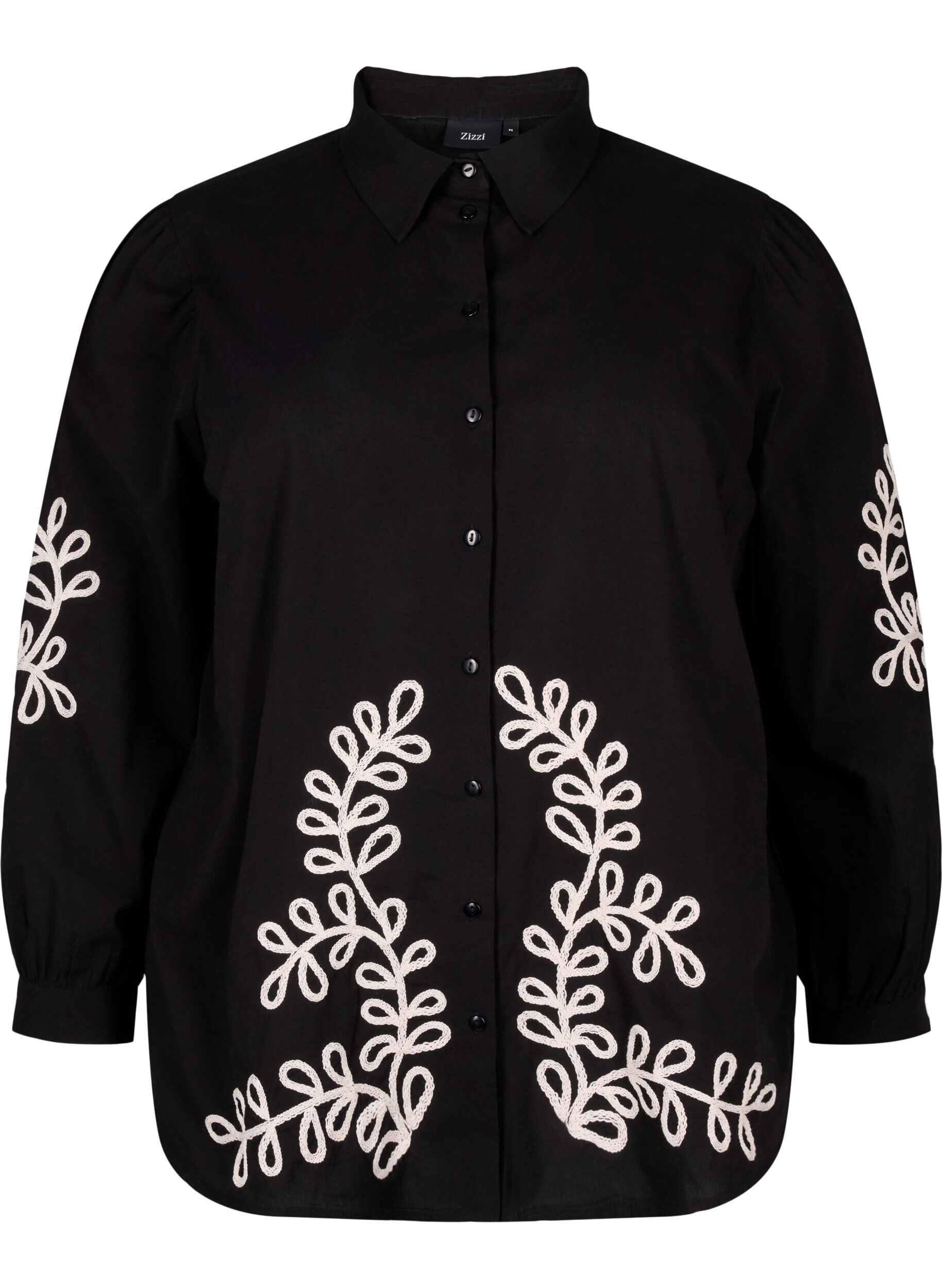 Zizzi L&oslash;s skjorte i bomull med broderi, Black, Packshot image number 0