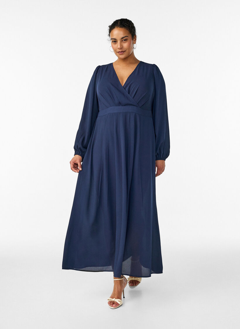 Maxikjole med omslagshals og lange ermer, Bl&aring;, Model image number 0