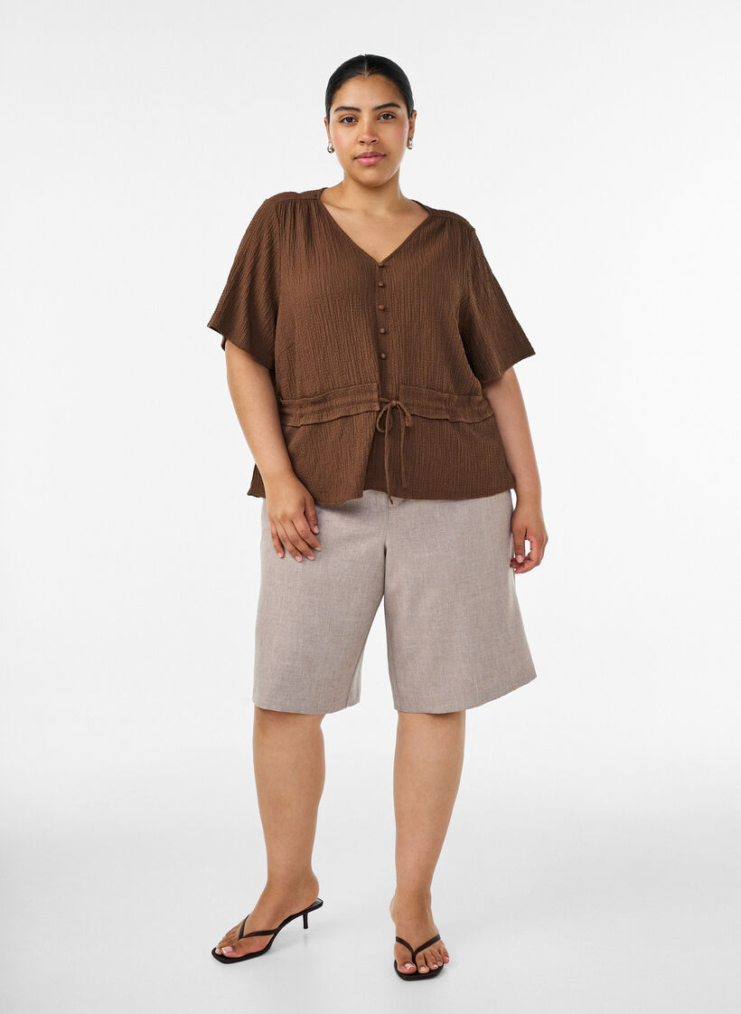 Bluse med tekstur og knytebelte, Brun, Model image number 1