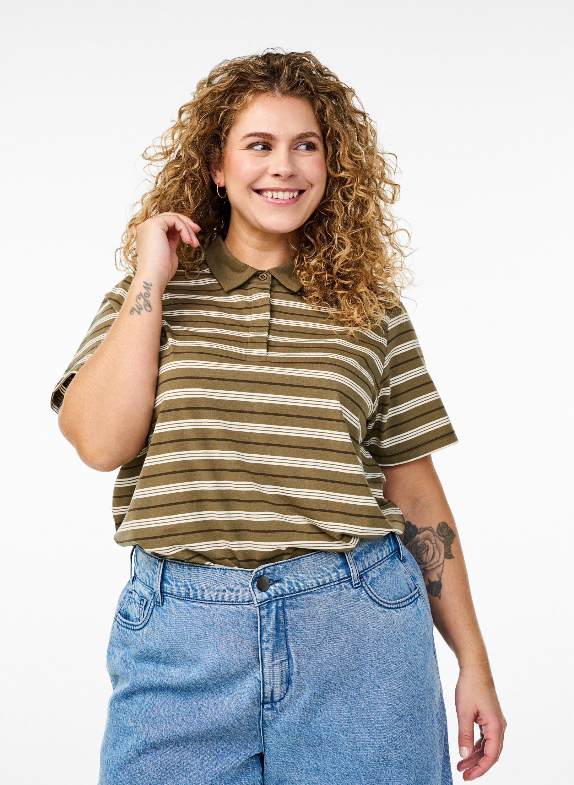 Stripete poloskjorte med korte ermer, Gr&oslash;nn, Model