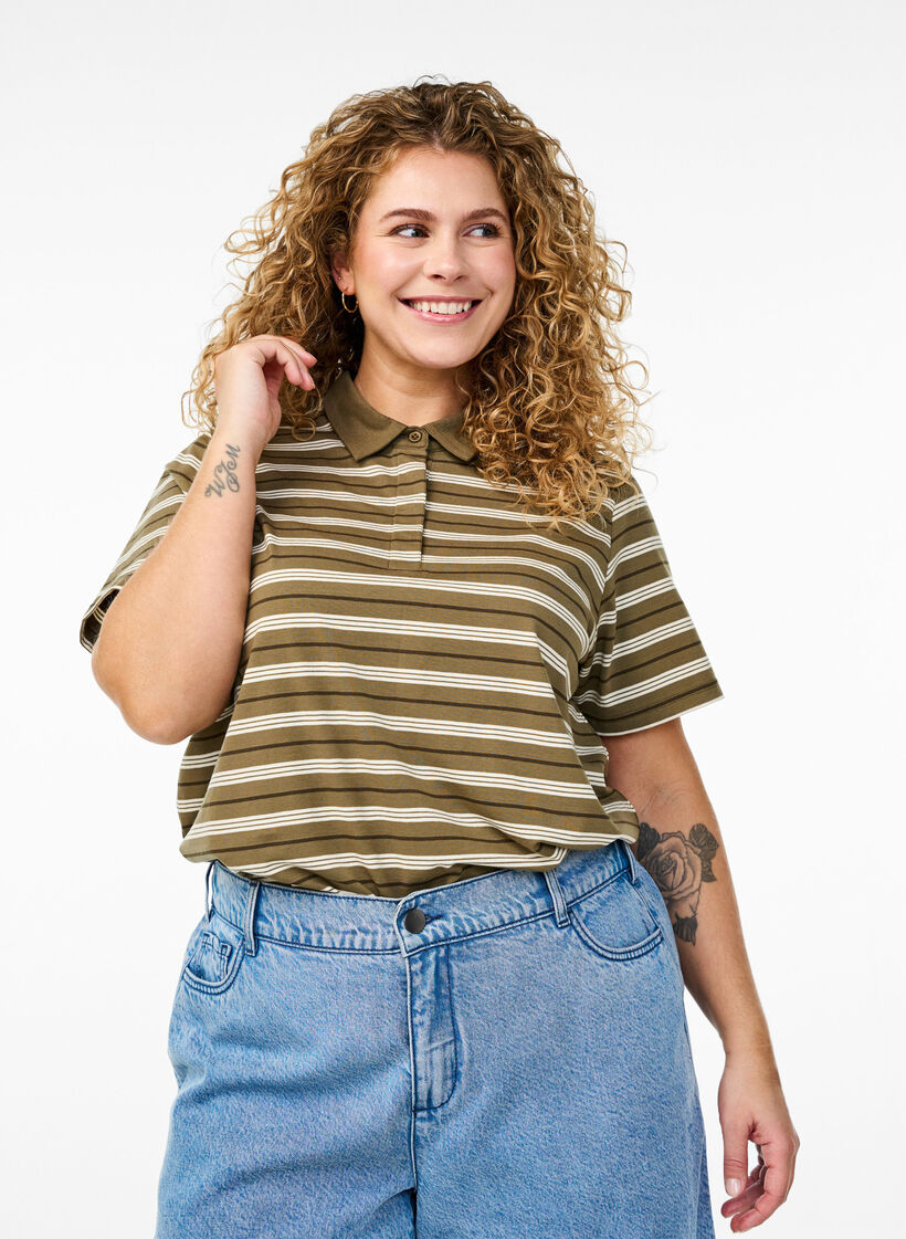 Stripete poloskjorte med korte ermer, Grønn, Model image number 0