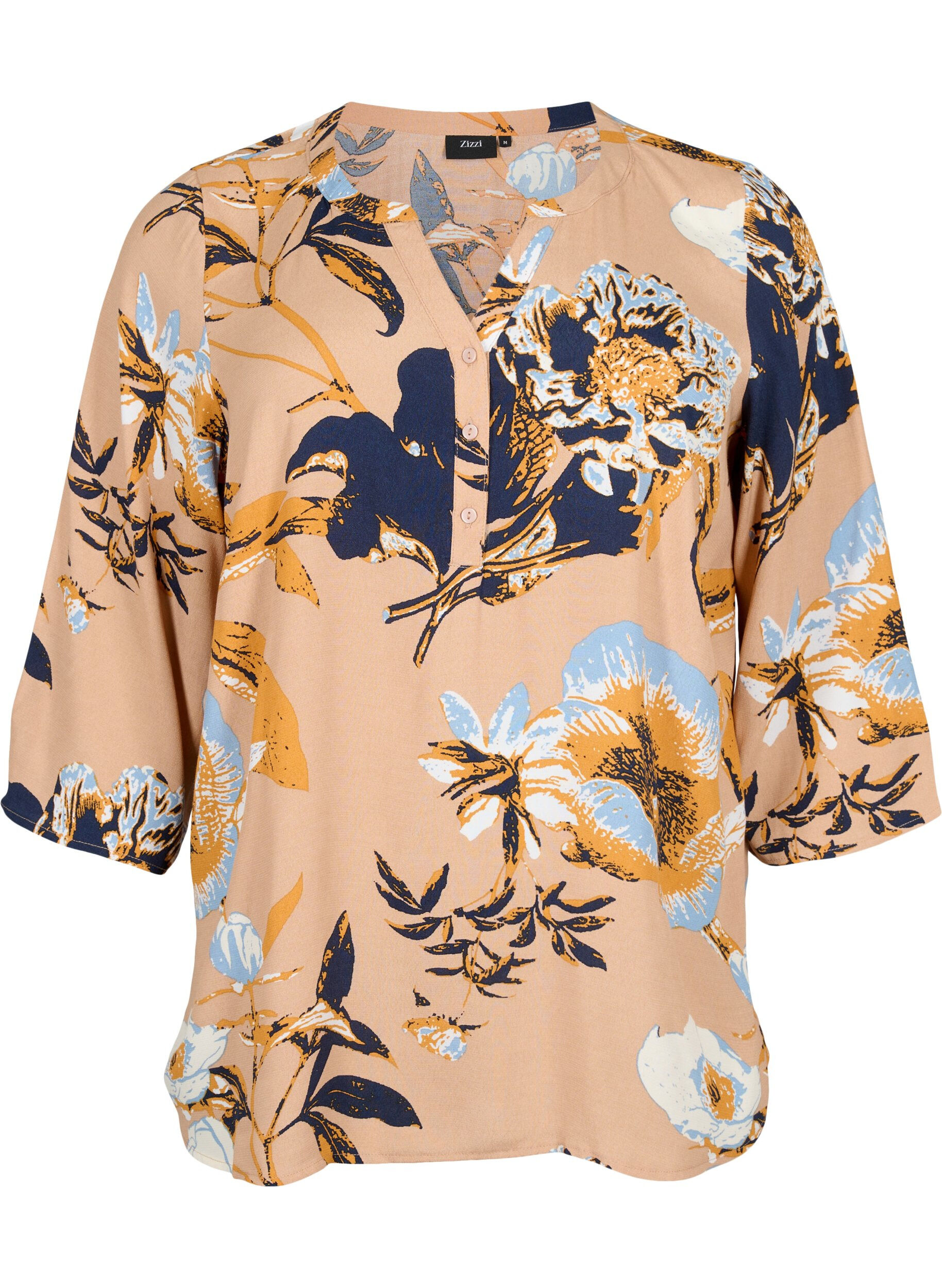 Zizzi Bluse i viskose med 3/4-ermer, Blue Flower AOP, Packshot image number 0