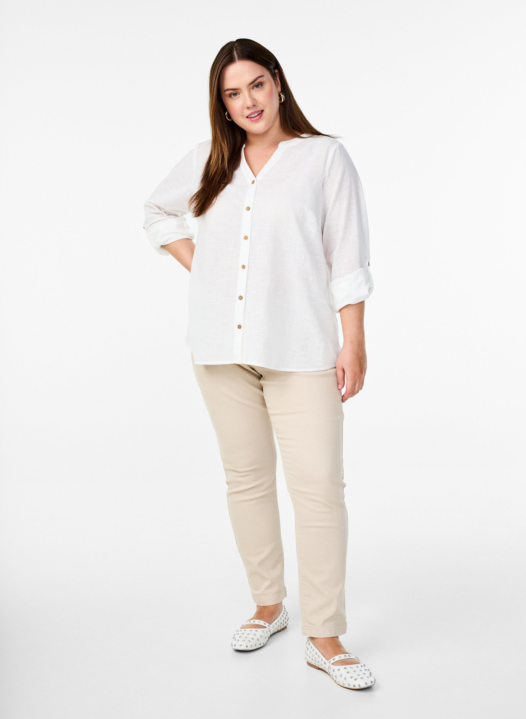 ZizziBomullsbluse med V-hals, Hvit, Model image number 1