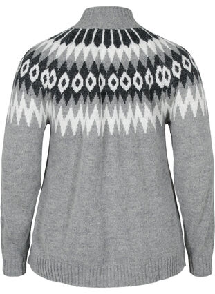 Jacquardmønstrete strikkegenser med høy hals og glidelås, Dark Grey Mel. Comb, Packshot image number 1
